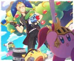  1boy blonde_hair blue_eyes commentary_request crossover final_fantasy final_fantasy_xv fingerless_gloves freckles gloves hat jacket kirby kirby_(series) long_hair magolor male_focus mishio prompto_argentum protected_link rayman_limbs smile sword team_kirby_clash_deluxe weapon 