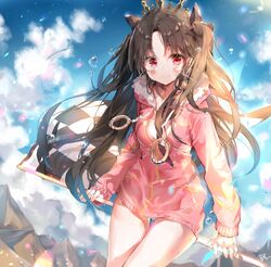  b_rock bad_id bad_pixiv_id black_bow black_hair blush bow breasts closed_mouth fate/grand_order fate_(series) female hairbow ishtar_(fate) ishtar_(swimsuit_rider)_(fate) large_breasts long_hair long_sleeves looking_at_viewer red_eyes signature smile solo twintails 