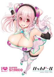  blush breasts cleavage commentary_request cosplay female gloves hacka_doll hacka_doll_1 hacka_doll_1_(cosplay) headphones large_breasts long_hair looking_at_viewer nitroplus open_mouth pink_eyes pink_hair simple_background smile solo super_sonico thighhighs tsuji_santa white_gloves 