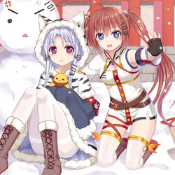  &gt;_&lt; 2girls :3 :d anger_vein animal animal_ears azur_lane bird blue_eyes blue_hair blush boots brown_footwear brown_hair capelet chang_chun_(azur_lane) chick closed_eyes closed_mouth cross-laced_footwear day dress fu_shun_(azur_lane) fur-trimmed_boots fur-trimmed_capelet fur-trimmed_dress fur-trimmed_hood fur-trimmed_sleeves fur_trim hood hood_up hooded_capelet kneeling lace-up_boots long_hair long_sleeves manjuu_(azur_lane) md5_mismatch multiple_girls open_mouth outdoors pantyhose photoshop_(medium) red_eyes sitting sleeves_past_fingers sleeves_past_wrists smile snow snowing snowman thighband_pantyhose thighhighs tukino_neru twintails very_long_hair white_capelet white_dress white_pantyhose white_thighhighs 