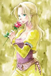  aqua_eyes blonde_hair celes_chere commentary_request cross-laced_clothes da-vesita female final_fantasy final_fantasy_vi flower gem green_background green_theme holding long_hair long_sleeves painting_(medium) photoshop_(medium) puffy_long_sleeves puffy_sleeves red_flower red_rose rose solo traditional_media watercolor_(medium) 