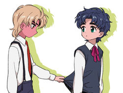  2boys arm_at_side arms_at_sides blonde_hair blue_hair blush cardcaptor_sakura closed_mouth clothes_grab collared_shirt commentary_request dio_brando embarrassed expressionless eye_contact from_side fujita_mariko_(style) full-face_blush green_eyes hair_intakes jojo_no_kimyou_na_bouken jonathan_joestar lolicon long_sleeves looking_at_another male_focus multiple_boys neck_ribbon necktie parody parted_bangs parted_lips phantom_blood pink_ribbon profile purple_ribbon red_eyes red_necktie red_ribbon ribbon shirt shy simple_background suspenders sweater_vest tareme thick_eyebrows tochiko_(spi) upper_body white_background white_shirt wing_collar yaoi 