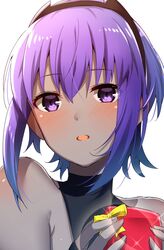  :o bare_shoulders black_hairband black_leotard blush box chocolate commentary_request dark-skinned_female dark_skin fate/grand_order fate/prototype fate/prototype:_fragments_of_blue_and_silver fate_(series) female gift gift_box hair_between_eyes hair_ornament hairband hassan_of_serenity_(fate) highres holding holding_gift leotard looking_at_viewer open_mouth purple_eyes ribbon shiime short_hair simple_background solo valentine white_background yellow_ribbon 