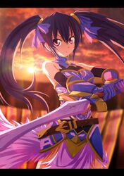  armor bare_shoulders belt black_hair choujigen_game_neptune derivative_work female gloves highres neptune_(series) noire planeptune red_eyes solo sunset sword twintails weapon 