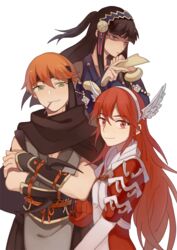  1boy 2girls arm_blade arm_guards armor asugi_(fire_emblem) bad_id bad_pixiv_id black_hair blue_eyes breasts caeldori_(fire_emblem) candy cloak commentary_request crossed_arms fingerless_gloves fire_emblem fire_emblem_awakening fire_emblem_fates food gloves green_eyes hair_between_eyes hairband headband kmkr lollipop long_hair looking_at_viewer multiple_girls orange_hair pouch red_eyes red_hair rhajat_(fire_emblem) robe sleeveless small_breasts smile upper_body weapon white_background wing_hair_ornament 