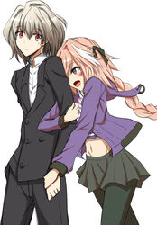  2boys akashiro_sen astolfo_(fate) astolfo_(memories_at_trifas)_(fate) black_pantyhose blush braid commentary_request crop_top crossdressing fate/apocrypha fate_(series) grey_hair male_focus midriff multiple_boys navel oerba_yun_fang official_alternate_costume otoko_no_ko pantyhose pink_eyes pink_hair red_eyes sieg_(fate) single_braid skirt 