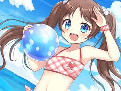  aliasing ball bikini blue_eyes blush brown_hair clouds cropped long_hair monobeno sawai_natsuha sky sunameri_(il-ustes) swimsuit twintails waifu2x water 