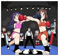  akatsuki_(kancolle) amatsukaze_(kancolle) anchor_symbol ascot blouse blue_hair boxing boxing_gloves boxing_ring brown_dress brown_hair bruise commentary_request crosscounter double_face_punch dress face_punch fingerless_gloves flat_cap folded_ponytail garter_straps gloves hair_tubes hat hatsukaze_(kancolle) hibiki_(kancolle) hime_cut ikazuchi_(kancolle) in_the_face inazuma_(kancolle) injury kantai_collection long_hair midriff mixed_martial_arts multiple_girls navel ooyodo_(kancolle) punching red_legwear referee sailor_dress school_uniform serafuku shirt short_dress short_hair shorts skirt skirt_set sports_bra sweat thighhighs tokitsukaze_(kancolle) tonmoh two_side_up vest white_hair white_shirt yukikaze_(kancolle) 