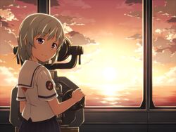  backlighting binoculars cloud commentary_request emblem evening female from_behind high_school_fleet highres horizon looking_at_viewer looking_back mashita_(candy_apricot) ocean purple_eyes red_sky school_uniform serafuku short_hair short_sleeves silver_hair skirt sky smile solo sunset tateishi_shima tower_viewer yokosuka_girls_marine_high_school_uniform 