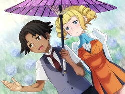  1boy :&lt; @@@ bad_id bad_pixiv_id black_hair blush blush_stickers brown_eyes dark-skinned_male dark_skin dreadlocks dress drill_hair dutch_angle female gundam gundam_build_fighters holding holding_umbrella nils_nielsen open_mouth shared_umbrella short_hair smile umbrella yajima_caroline 