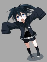  black_hair black_rock_shooter black_rock_shooter_(character) blue_eyes blush female female kuroi_mato lolicon long_hair myuto_(advent_retribution) shadow short_shorts shorts sleeves_past_wrists smile solo star twintails 