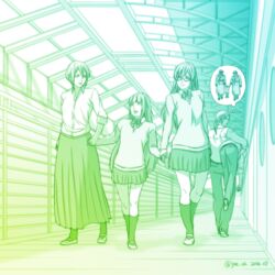  2boys 3girls captured_alien_(meme) carrying carrying_under_arm commentary_request dated echizen_(tanakeda) girl_sandwich green_theme holding_hands joe_(milkcrown) kneehighs long_skirt meme miyano_(tanakeda) multiple_boys multiple_girls oota_(tanakeda) pleated_skirt sandwiched school_uniform shiraishi_(tanakeda) shoes skirt socks sweater tanaka-kun_wa_itsumo_kedaruge tanaka_(tanakeda) thinking train_station twitter_username uwabaki 