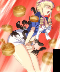  animal bertille_althusser blonde_hair blush breasts closed_eyes female food highres large_breasts miniskirt open_mouth short_skirt skirt solo squirrel standing stitched walkure_romanze 