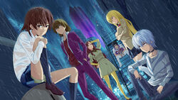  3boys 3girls accelerator_(toaru_majutsu_no_index) against_wall albino bandana black_choker black_hair blonde_hair brown_eyes brown_hair building chains checkered_clothes checkered_scarf checkered_skirt choker city cityscape cleaning_robot coat commentary_request crossed_arms electrodes hand_on_forehead hand_on_own_hip hands_in_pockets highres hugging_own_legs jack-barro jacket jacket_on_shoulders kakine_teitoku knee_up kneehighs knees_to_chest leaning level_5_(toaru) long_hair long_sleeves looking_at_viewer medium_hair miniskirt misaka_mikoto mugino_shizuri multiple_boys multiple_girls necktie no_jacket non-humanoid_robot pants pantyhose pleated_skirt purple_jacket purple_pants rain red_eyes rising_sun_flag robot scarf school_uniform shoes shokuhou_misaki short_hair shorts shorts_under_skirt sitting sitting_on_object sitting_on_stairs skirt skyscraper socks sogiita_gunha stairs standing standing_in_rain sunburst thighhighs toaru_majutsu_no_index tokiwadai_school_uniform vest wet white_hair white_legwear white_pants winter_uniform yellow_eyes yellow_legwear zettai_ryouiki 