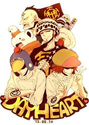  2013 6+boys bear bepo blue_hair crossed_arms dated double_v earflap_hat earrings hat hat_over_eyes hat_pompom headband heart_(symbol) heart_pirates jean_bart jolly_roger jumpsuit multiple_boys nodachi one_piece penguin_(one_piece) pirate_flag pom_pom_(clothes) raglan_sleeves shachi_(one_piece) sheathed_sword simple_background smile sunglasses tattoo teeth trafalgar_law v weapon white_background 