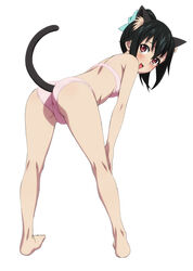  :d akatsuki_nagisa animal_ears ass barefoot bent_over black_hair blush bow bra brown_eyes cat_ears commentary_request female full_body hairbow hand_on_own_knee highres kneepits looking_back mokke_(mokke99) open_mouth panties photoshop_(medium) pink_bra pink_panties short_hair simple_background smile solo standing strike_the_blood sweatdrop tail underwear underwear_only 