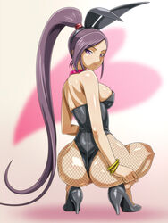  animal_ears ass black_footwear black_leotard bracelet breasts commentary_request dragon_quest dragon_quest_xi female fishnet_pantyhose fishnets from_behind high_heels jewelry large_breasts leotard long_hair looking_at_viewer looking_back martina_(dq11) monteriakitto pantyhose playboy_bunny ponytail purple_eyes purple_hair rabbit_ears shoes solo squatting strapless strapless_leotard 