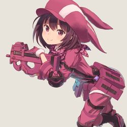  absurdres animal_hat bandana belt bow brown_hair bullpup buntan closed_mouth elbow_pads explosive female fur-trimmed_gloves fur_trim gloves grenade grey_bow gun hat highres jacket knee_pads leaning_forward llenn_(sao) long_sleeves looking_at_viewer p-chan_(p90) p90 pants pink_bandana pink_eyes pink_gloves pink_hat pink_jacket pink_pants pink_weapon pouch rabbit_hat running short_hair smile solo standing standing_on_one_leg submachine_gun sword_art_online sword_art_online_alternative:_gun_gale_online tactical_clothes utility_belt weapon 