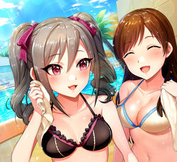  2girls bad_id bad_pixiv_id bare_shoulders bikini black_bikini blue_sky blush bow breasts brown_hair cleavage closed_eyes collarbone commentary_request day drill_hair grey_hair hair_between_eyes hairbow highres idolmaster idolmaster_cinderella_girls jai_(whany1998) kanzaki_ranko long_hair medium_breasts multiple_girls navel nitta_minami open_mouth palm_tree photoshop_(medium) pool red_eyes sky smile swimsuit tree twin_drills twintails wet white_bikini 