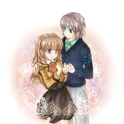  1boy bad_id bad_pixiv_id blue_eyes brown_eyes brown_hair couple female hisanuma_sayu holding_hands isaki_kaname kuran_kuran long_hair mihama_junior_high_school_uniform nagi_no_asukara school_uniform short_hair straight sweater two_side_up 