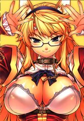  absurdres animal_ears arms_up blonde_hair blue_eyes blush breasts cat_ears cleavage collar female freezing_(series) glasses highres large_breasts long_hair looking_at_viewer satellizer_el_bridget simple_background smile solo soo-hyon_lee standing yellow_background 