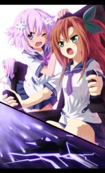  3girls absurdres airplane choujigen_game_neptune derivative_work highres if_(choujigen_game_neptune) jet multiple_girls nepgear neptune_(choujigen_game_neptune) neptune_(series) pilot planeptune school_uniform siblings 