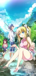  1boy 2girls air_(visual_novel) bare_legs blonde_hair blue_eyes casual cloud commentary_request day fishing_rod food fruit highres kamio_haruko kamio_misuzu kunisaki_yukito lens_flare long_hair multiple_girls nature outdoors ponytail ringo_sui sitting sky soaking_feet standing stream watermelon 