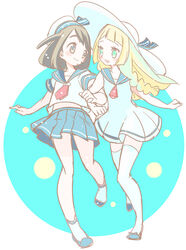  2girls alternate_costume blonde_hair blue_background blue_ribbon blue_sailor_collar blue_shoes blue_skirt blush braid brown_eyes brown_hair chorimokki dress eye_contact full_body hands_up hat jpeg_artifacts lillie_(pokemon) long_hair looking_to_the_side matching_hair/eyes mizuki_(pokemon_sm) multiple_girls necktie open_mouth pleated_skirt pokemon pokemon_sm red_necktie ribbon running sailor_collar sailor_dress school_uniform serafuku shirt shoes short_sleeves simple_background skirt sleeveless sleeveless_dress smile socks standing standing_on_one_leg sun_hat thighhighs tied_hair twin_braids uniform walking white_background white_dress white_hat white_legwear white_shirt white_socks zettai_ryouiki 