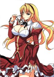  absurdres black_eyes blonde_hair breasts cleavage female freezing_(series) glasses hairband highres large_breasts legs long_hair looking_away satellizer_el_bridget serious simple_background solo soo-hyon_lee standing thighs white_background 