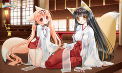  2girls animal_ears black_hair blonde_hair blush breasts chihaya_(clothing) covered_nipples fox_ears fox_girl fox_tail fusuma hair_ribbon hakama hakama_short_skirt hakama_skirt highres hip_vent holding_hands indoors japanese_clothes kimono kneeling lantern large_breasts long_hair long_sleeves looking_at_viewer miko multiple_girls nakajima_konta red_eyes red_hakama ribbon ribbon-trimmed_clothes ribbon-trimmed_sleeves ribbon_trim rikka_(snow_fox) sandals setuka_(snow_fox) shouji shrine sideboob sitting skirt sliding_doors small_breasts snow_fox stairs tabi tail twintails variant_set very_long_hair web_address wide_sleeves wooden_floor yellow_eyes yokozuwari zouri 