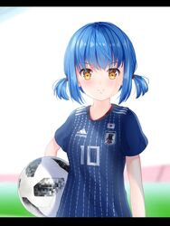  2018_fifa_world_cup ball blue_hair closed_mouth commentary_request female highres japan japanese_flag letterboxed looking_at_viewer mosaic_pattern original smile soccer soccer_ball soccer_uniform solo sportswear telstar_18 twintails world_cup yellow_eyes zet_(globalgears) 