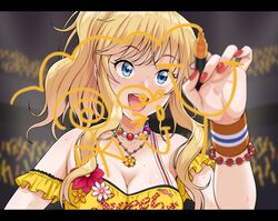  :d blonde_hair blue_eyes bracelet breasts character_signature cleavage commentary_request creative_signature drawing_on_fourth_wall female glass_writing idolmaster idolmaster_cinderella_girls jewelry large_breasts letterboxed long_hair marker necklace nigou ohtsuki_yui open_mouth signature signing smile solo writing 