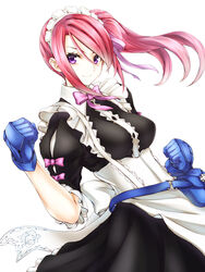  &gt;:) 7th_dragon_(series) 7th_dragon_iii bag bow bowtie breasts clenched_hands commentary female gloves god-hand_(7th_dragon) highres kurokawa_(silve) long_hair looking_at_viewer maid maid_headdress medium_breasts photoshop_(medium) pink_hair purple_eyes side_ponytail simple_background smile solo v-shaped_eyebrows white_background 