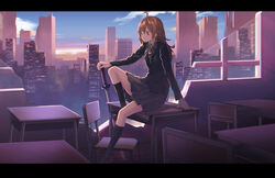  :/ ahoge arm_support blazer blonde_hair blue_eyes blue_skirt blue_socks brown_footwear building chair closed_mouth cloud collared_shirt commentary_request damaged day desk female from_side full_body hand_on_hilt highres jacket kneehighs letterboxed loafers long_hair long_sleeves looking_to_the_side megumegu_hosi_117 neck_ribbon original outdoors parquet_floor pleated_skirt rebar ribbon school_desk school_uniform shirt shoes sitting skirt sky skyscraper socks solo sunset sword weapon white_shirt wing_collar yellow_ribbon 