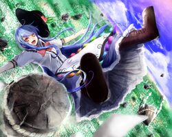  arms_at_sides blue_hair boots cloud cloudy_sky commentary_request dress falling female field food fruit hat highres hinanawi_tenshi keystone koga_rejini long_dress long_hair peach puffy_short_sleeves puffy_sleeves red_eyes short_sleeves sky smile solo touhou 