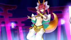  alternate_costume amaterasu_(fate) animal_ears bow breasts cleavage commentary_request detached_sleeves fate/extra fate/extra_ccc fate_(series) female fox_ears fox_tail hair_ribbon hairbow kotera_ryou medium_breasts official_alternate_costume pink_hair ribbon solo tail tamamo_(fate) tamamo_no_mae_(fate/extra) thighhighs torii twintails underboob yellow_eyes 