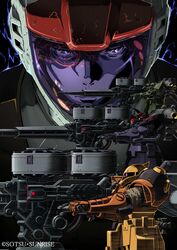  1boy absurdres daryl_lorenz dom_(mobile_suit) gundam gundam_thunderbolt helmet highres mecha official_art photoshop_(medium) reflection robot spacesuit weapon zaku_i zaku_ii 