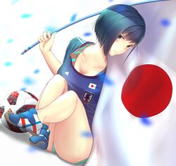  2018_fifa_world_cup aotsuki_kaoru bad_id bad_pixiv_id ball blonde_hair blush breasts cleavage darling_in_the_franxx female food fruit green_eyes highres ichigo_(darling_in_the_franxx) japan japanese_flag short_hair shorts simple_background smile soccer soccer_ball soccer_uniform solo sportswear strawberry telstar_18 white_background world_cup 