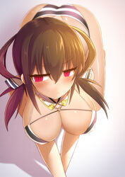  :/ all_fours ass back bare_arms bare_legs bare_shoulders barefoot bikini blush breasts brown_hair cleavage closed_mouth commentary_request covered_nipples crawling detached_collar dimples_of_venus eyelashes female furrowed_brow gold_trim hair_between_eyes half-closed_eyes highres konohana_saku large_breasts long_hair looking_at_viewer medium_hair multi-strapped_bikini no_nose o-ring original red_eyes shadow shiny_skin simple_background slit_pupils solo striped_bikini striped_clothes swimsuit v-shaped_eyebrows white_background wrist_cuffs 