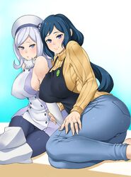  2girls aila_jyrkiainen apron ass badge bare_shoulders beret blue_eyes blue_hair blue_pantyhose blush boots breasts button_badge buttons commentary_request covered_nipples curvy denim dress elbow_gloves fingernails flipped_hair fur_trim gloves gradient_background gundam gundam_build_fighters halterneck hand_on_own_thigh haro haro_button_badge hat holding_another&#039;s_arm iori_rinko jeans jewelry large_breasts long_fingernails long_hair long_sleeves looking_at_viewer low_ponytail mature_female md5_mismatch multiple_girls open_mouth pants pantyhose parted_lips ponytail reclining resolution_mismatch ribbed_sweater ring shadow short_dress sideboob simple_background sitting smile source_larger sweat sweater swept_bangs thick_thighs thigh_boots thighhighs thighs turtleneck wedding_ring white_hair white_legwear yokozuwari zonda_(solid_air) 