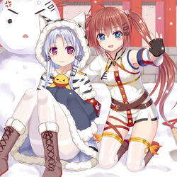  &gt;_&lt; 2girls :3 :d anger_vein animal animal_ears azur_lane bird blue_eyes blue_hair blush boots brown_footwear brown_hair capelet chang_chun_(azur_lane) chick closed_eyes closed_mouth commentary_request cross-laced_footwear day dress fu_shun_(azur_lane) fur-trimmed_boots fur-trimmed_capelet fur-trimmed_dress fur-trimmed_hood fur-trimmed_sleeves fur_trim hood hood_up hooded_capelet kneeling lace-up_boots long_hair long_sleeves manjuu_(azur_lane) multiple_girls open_mouth outdoors pantyhose photoshop_(medium) red_eyes revision sitting sleeves_past_fingers sleeves_past_wrists smile snow snowing snowman thighband_pantyhose thighhighs tukino_neru twintails very_long_hair white_capelet white_dress white_pantyhose white_thighhighs 