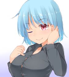  aqua_hair black_shirt blue_background blush breasts button_gap buttons collarbone collared_shirt commentary_request dress_shirt female garasuita gradient_background heterochromia highres large_breasts long_sleeves one_eye_closed red_eyes shirt short_hair smile solo tatara_kogasa touhou upper_body 