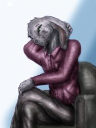  anthro bottomwear clothing conditional_dnp fur furniture green_eyes grey_body grey_fur lagomorph leporid mammal pants rabbit shirt simple_background sitting sofa story story_in_description topwear whimsicalsquirrel whiskers 