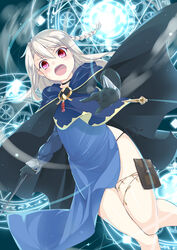  absurdres blonde_hair braid cape card_holster choker commentary_request cosplay dress fate/kaleid_liner_prisma_illya fate_(series) female foreshortening from_below furun gloves highres holster illyasviel_von_einzbern magic_circle medea_(fate) medea_(fate)_(cosplay) open_mouth red_eyes thigh_holster wand 