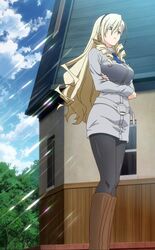  blonde_hair blue_eyes breasts celia_kumani_entory female highres large_breasts long_hair pantyhose screencap solo standing stitched summer thighhighs walkure_romanze 