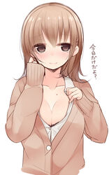  bad_id bad_pixiv_id blush bra breasts brown_eyes brown_hair cardigan cleavage female fureraji large_breasts long_sleeves looking_at_viewer mole nekoume open_clothes open_shirt shirt simple_background sleeves_past_wrists smile solo translated underwear 