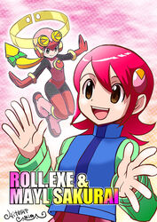  2girls ariga_hitoshi curvy female full_body hair_ornament hairclip happy multiple_girls pink_hair rockman rockman_exe roll_exe sakurai_meiru shiny skirt smile thighhighs upper_body yellow_eyes 