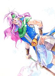  androgynous belt commentary_request da-vesita dutch_angle faris_scherwiz female final_fantasy final_fantasy_5 gem green_eyes grin headband long_hair on_one_knee painting_(medium) photoshop_(medium) popped_collar purple_hair reverse_trap scarf sleeveless smile solo sword traditional_media watercolor_(medium) weapon 