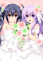  2girls black_hair blush bouquet bride choujigen_game_neptune derivative_work dress elbow_gloves flower gloves hair_flower hair_ornament highres long_hair multiple_girls nepgear neptune_(series) noire planeptune purple_eyes purple_hair red_eyes smile twintails very_long_hair wedding_dress 