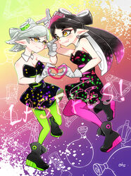  2girls 4-fingers_heart_hands ankle_boots black_dress black_hair blush boots brown_eyes burst_bomb_(splatoon) callie_(splatoon) commentary_request detached_collar disruptor_(splatoon) dress earrings english_text food food_on_head full_body gloves green_legwear green_pantyhose grey_hair grin hanano_sumire_(artist) heart heart_hands heart_hands_duo highres inkling jewelry looking_at_another marie_(splatoon) mole mole_under_eye multiple_girls object_on_head oerba_yun_fang pantyhose photoshop_(medium) pointy_ears purple_legwear short_dress short_jumpsuit smile splat_bomb_(splatoon) splatoon_(series) splatoon_1 strapless strapless_dress suction_bomb_(splatoon) tentacle_hair white_gloves 